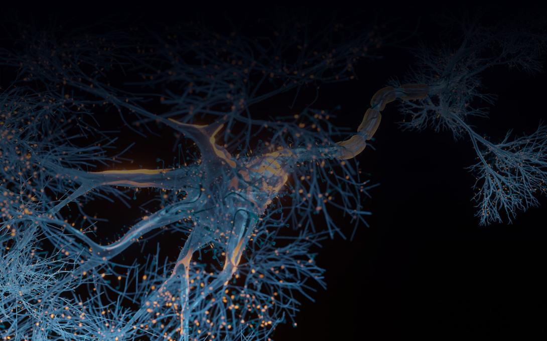 Image of firing neuron branches on dark background