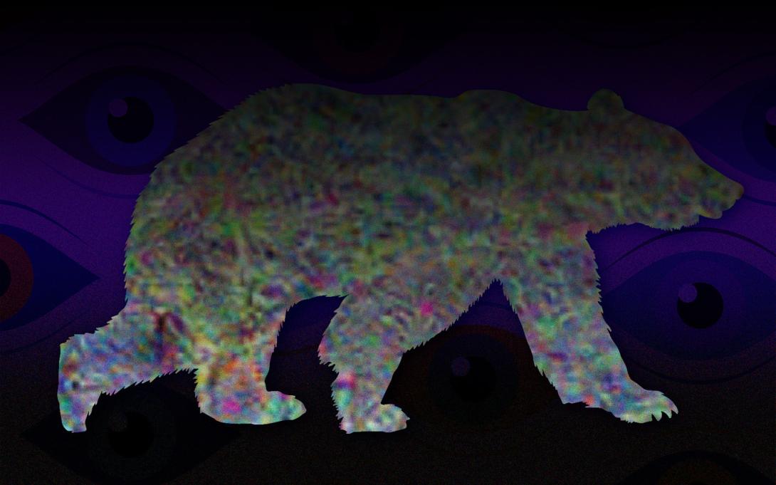 Illustration of bear profile against background of colorful eyes