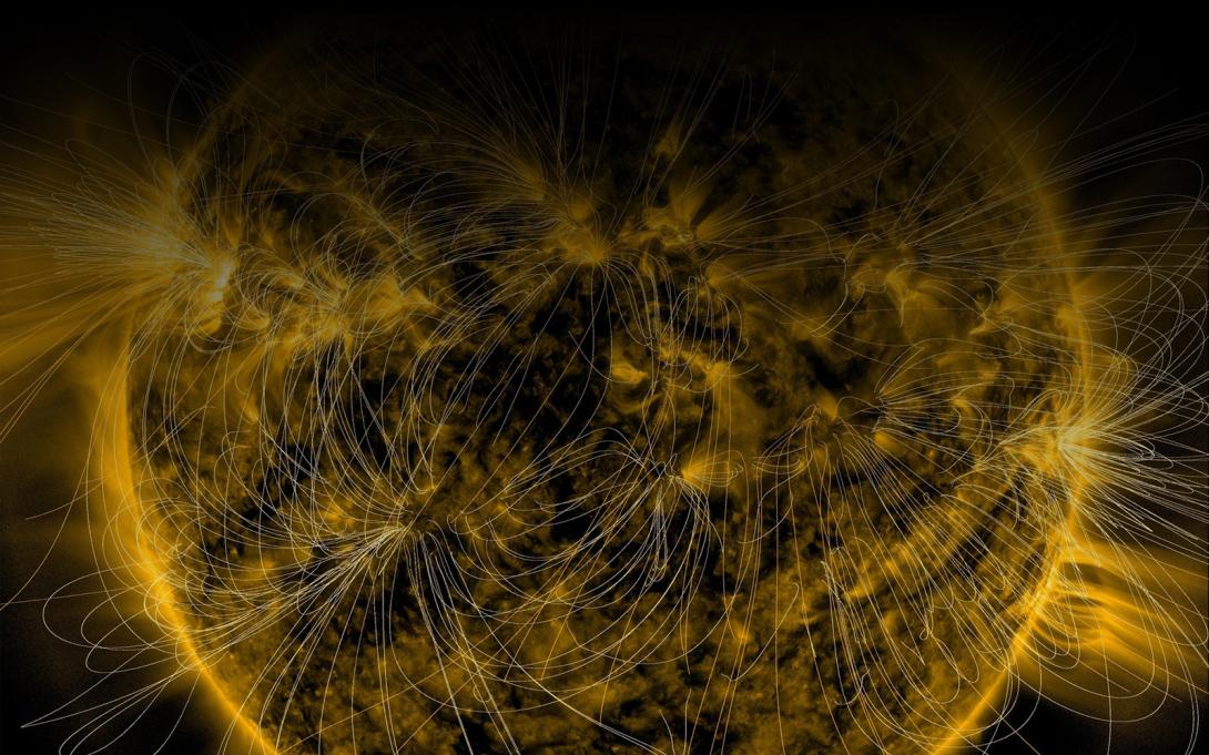 illustration of the sun's magnetic fields over an image captured by NASA’s Solar Dynamics Observatory