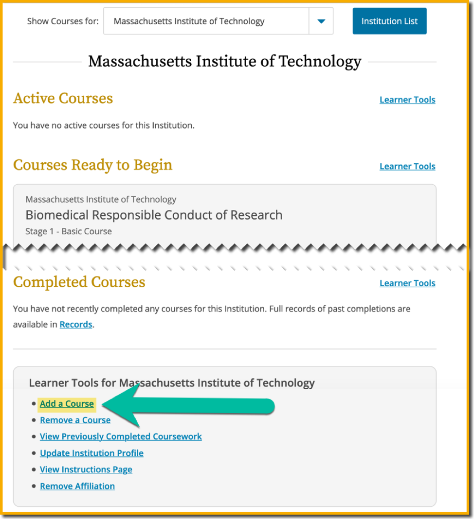 CITI Active Courses screen