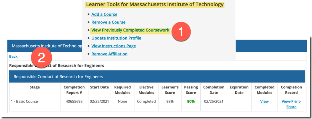 CITI learner tools screen