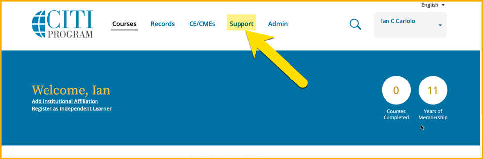 CITI Support screen
